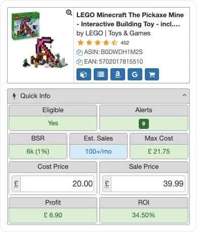 SellerAmp panel for LEGO Minecraft The Pickaxe Mine: cost £20.00, sale price £39.99, profit £6.90, 34.5% ROI, BSR 6k, estimated 100+ sales a month.